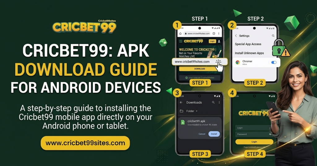 Illustration showing Cricbet99 APK download on Android with source checks, installation settings, permissions, verification, and security tips.