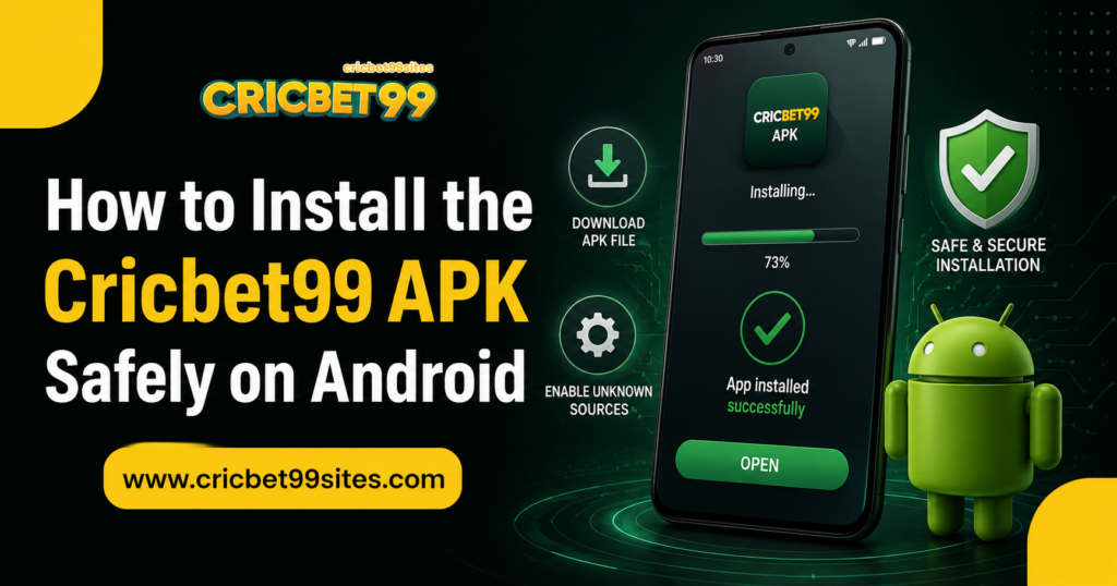 Illustration showing Cricbet99 APK installation on Android with source verification, Play Protect, app permissions, and account security tips.