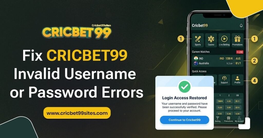 Illustration showing Cricbet99 invalid username or password errors with login troubleshooting, account recovery, and secure access tips.