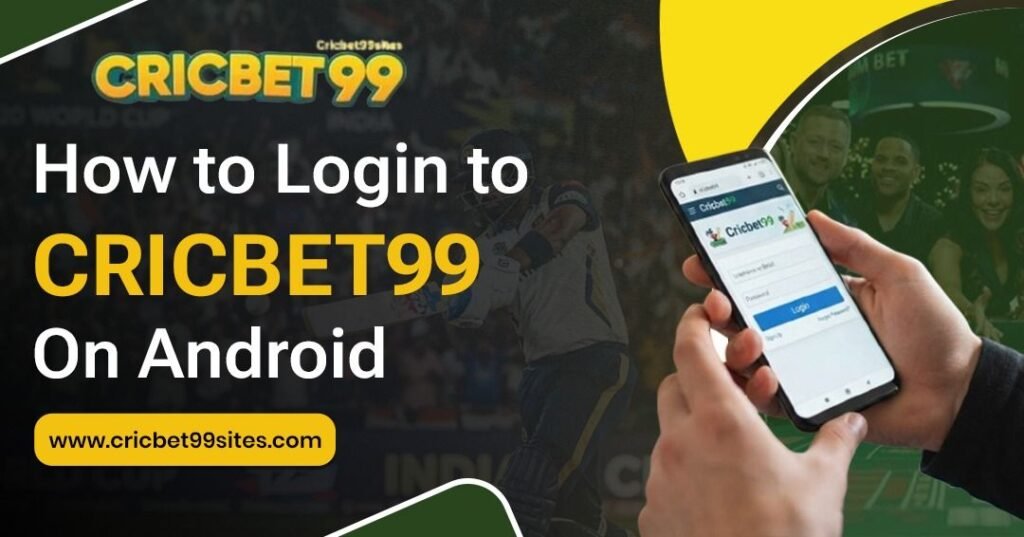 Illustration showing Cricbet99 Android login with mobile browser access, account credentials, OTP verification, and secure sign-in guidance.