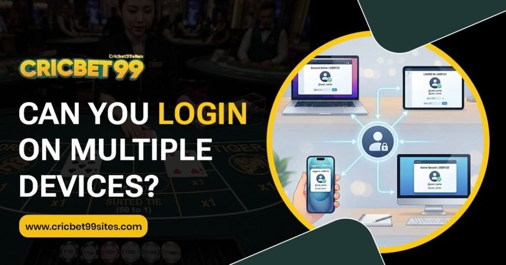Illustration showing Cricbet99 multiple device login across a phone, tablet, and computer with account security and verification guidance.
