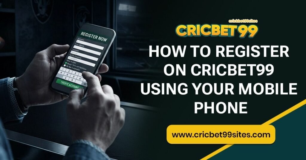 Illustration showing Cricbet99 mobile registration with a smartphone, signup form, phone verification, account details, and security tips.