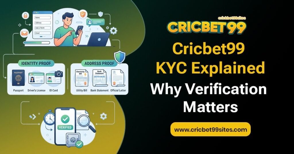 Illustration explaining Cricbet99 KYC verification, identity checks, personal documents, account security, privacy, and registration guidance.