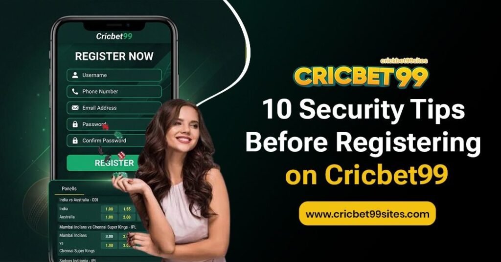 Illustration showing 10 Cricbet99 security tips including password protection, OTP safety, privacy checks, verification, and secure registration.
