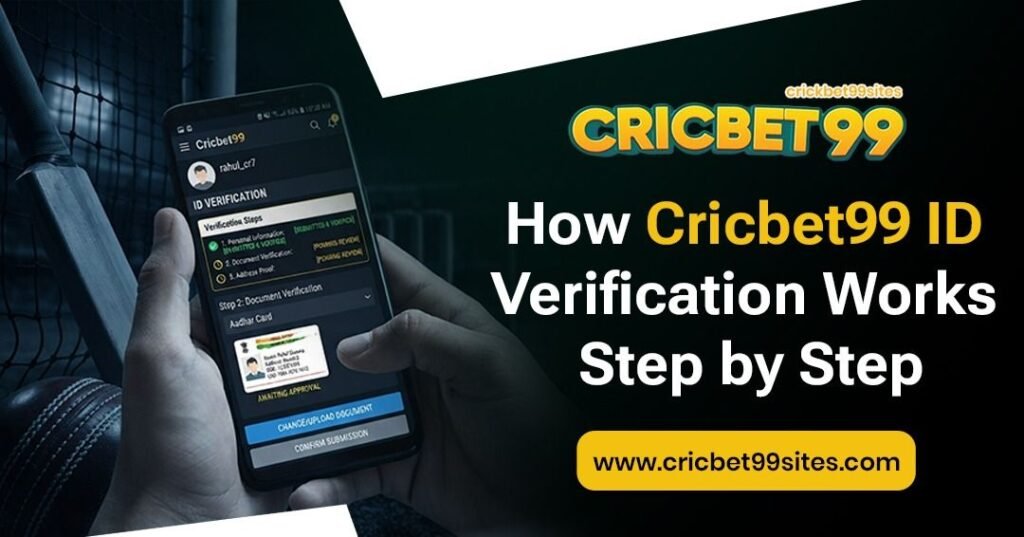 Illustration explaining Cricbet99 ID verification with identity documents, account checks, verification steps, privacy, and security guidance.