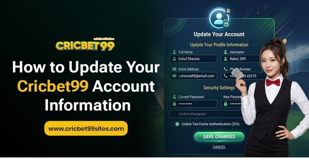 Illustration showing how to update Cricbet99 account information, including profile details, phone, email, verification, and privacy settings.