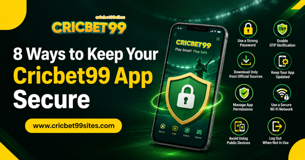 8 Cricbet99 App security tips showing password protection, APK safety, Android permissions, updates, privacy, and secure account access.