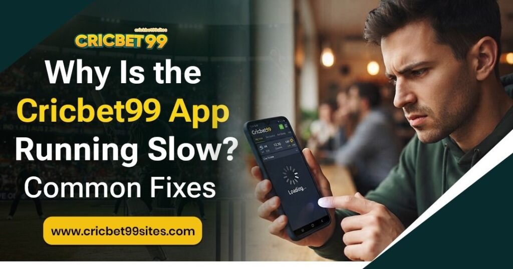 Illustration showing Cricbet99 App running slowly with Android troubleshooting steps for cache, storage, network, updates, and device performance.