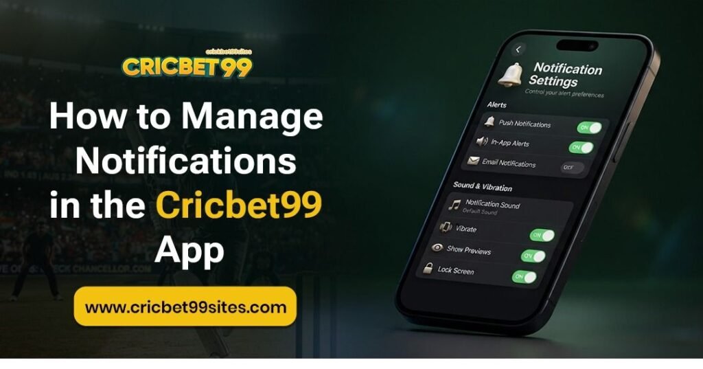 Cricbet99 App notification settings shown on an Android phone, explaining how users can manage, enable, or disable app alerts.