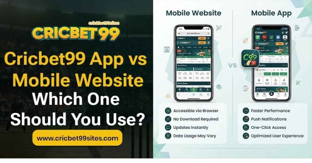 Cricbet99 App vs mobile website comparison showing Android app access, browser use, storage, notifications, security, and updates.