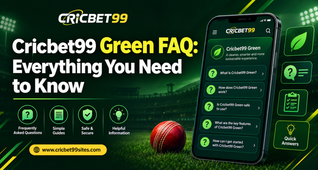 Cricbet99 Green FAQ explaining login, ID, account access, mobile features, dashboard and security questions for beginners
