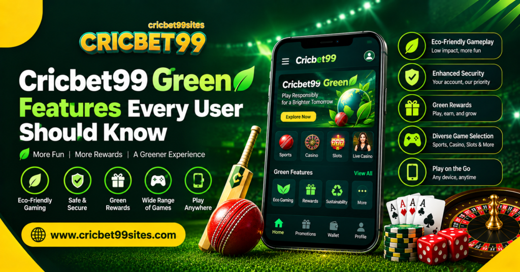 Cricbet99 Green features guide showing dashboard, account tools, mobile access, sports sections and security options for beginners